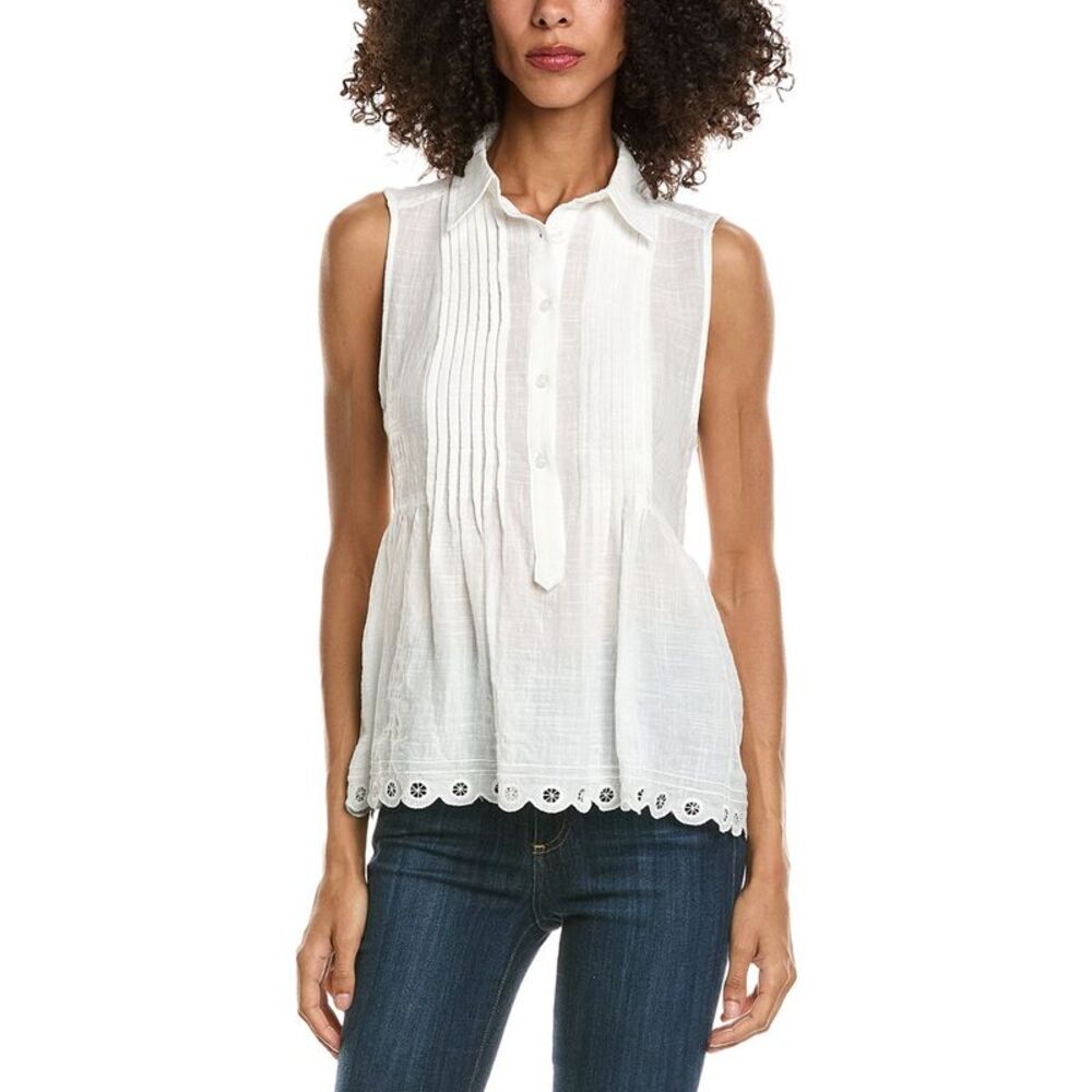 Max Studio Womens Scallop Edge Half Placket Shirt, White